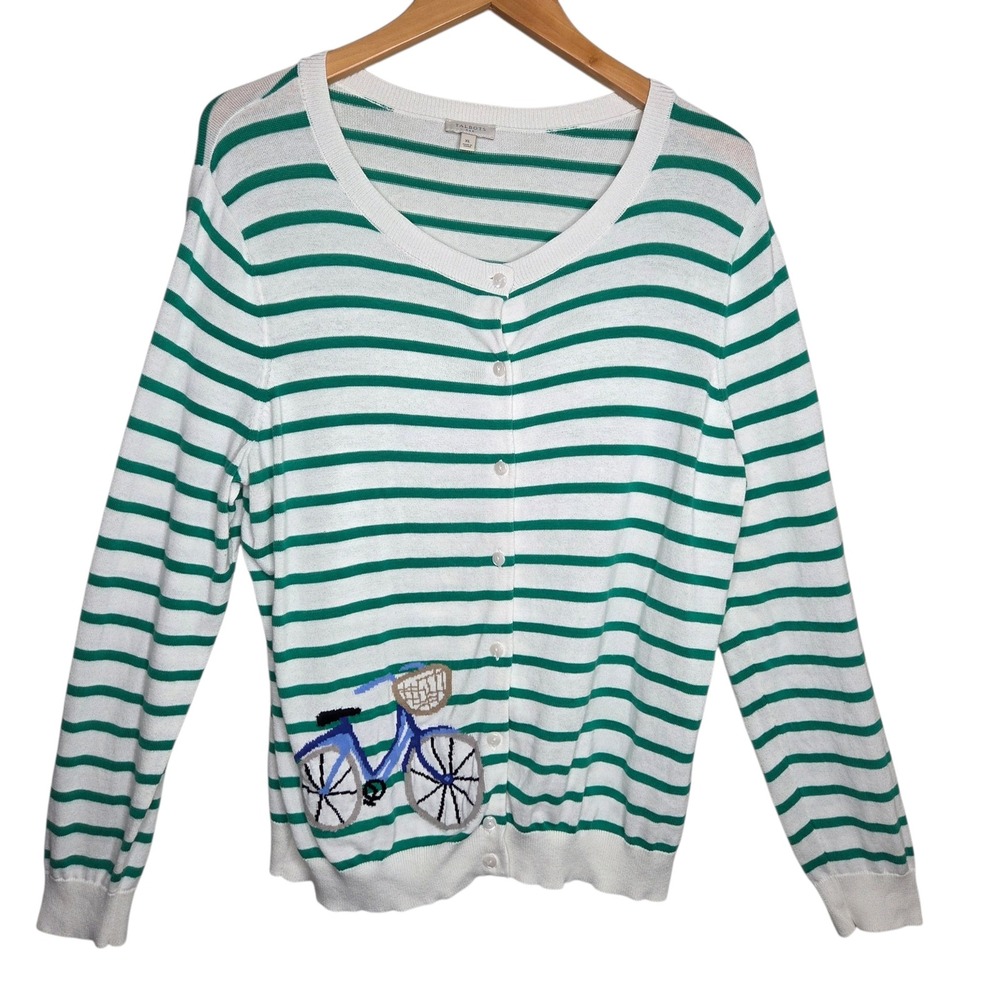 Talbots Green White Striped Cotton Knit Cardigan XL Bicycle Embroidered Preppy - Picture 2 of 12